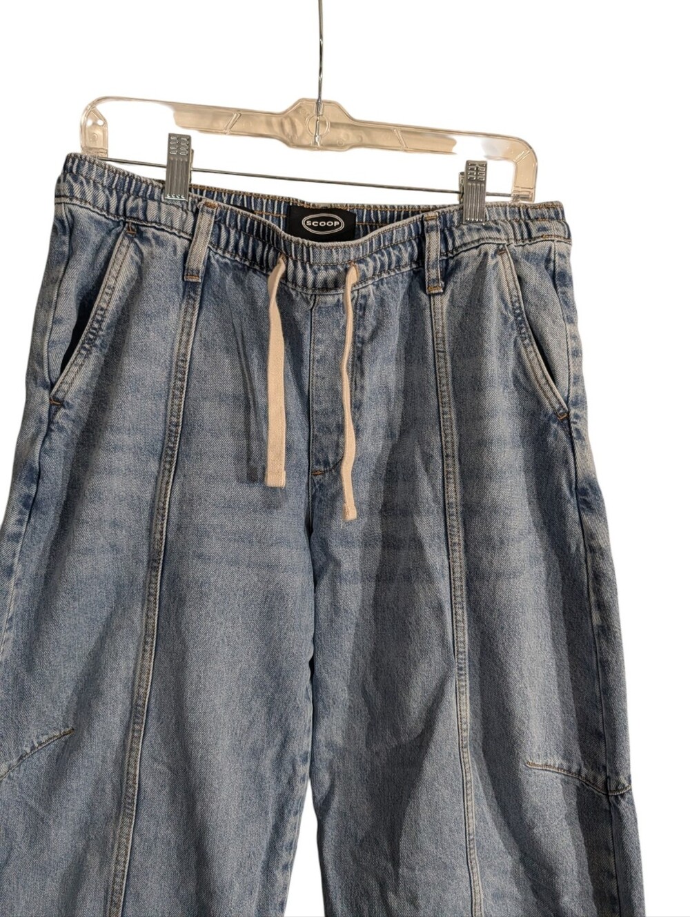 Scoop Barrel Leg Jeans Women's Medium (8/10) Light Wash Pull-On Drawstring Denim - Picture 3 of 8